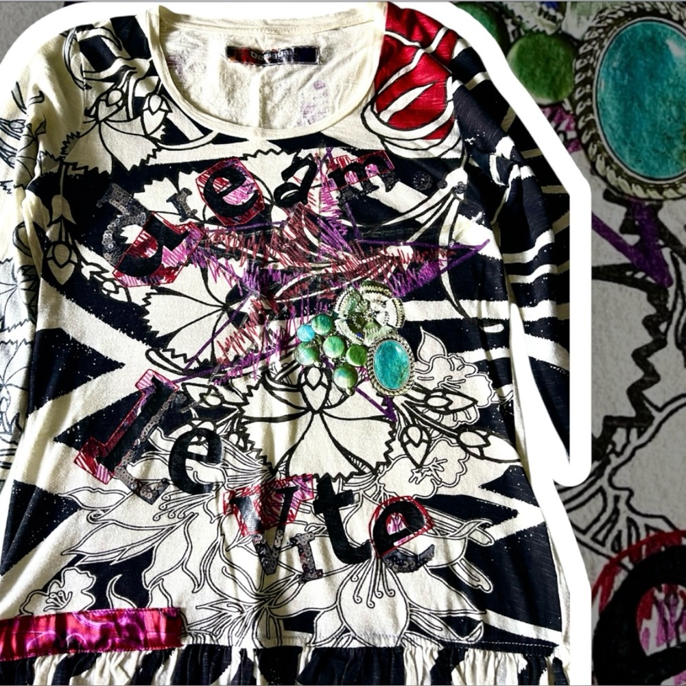 Desigual Long Sleeve Graphic Top — White, Black, Pink, Green, Turquoise - Picture 8 of 15